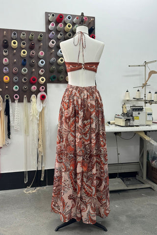 Strapless Printed Chiffon Long Dress – Sleeveless, Fluid Draped Fit with Open Back