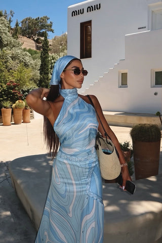 Printed Halter Crop Top & Asymmetric Long Skirt Set with Matching Scarf