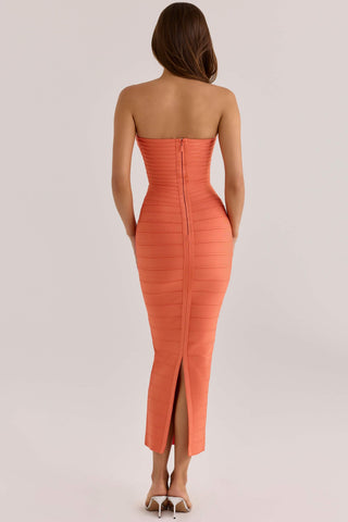 Strapless Bandage Midi Dress with Sculpted Sweetheart Neckline and Bodycon Fit