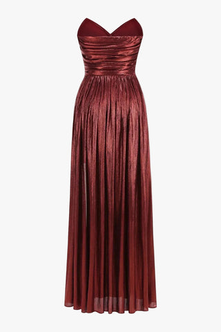Strapless Metallic Pleated Long Dress with High Slit