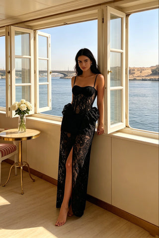 Sheer Lace Corset Maxi Dress with Floral Hip Details
