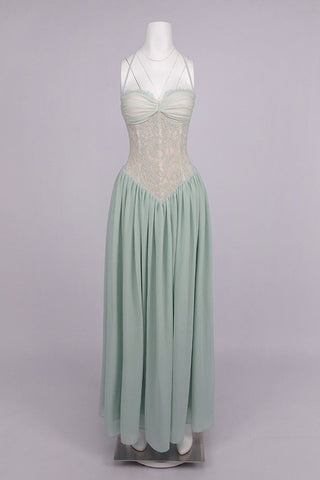 Lace Corset Halter Long Dress – Pleated Chiffon Evening Dress