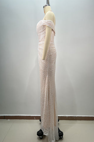 Off-Shoulder Sequin Draped & Ruched Long Evening Dress