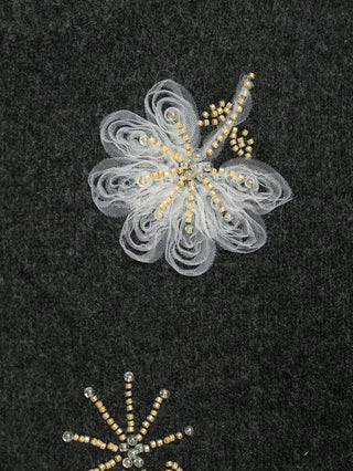 Floral Appliqué Beaded Short Sleeve Knit Top