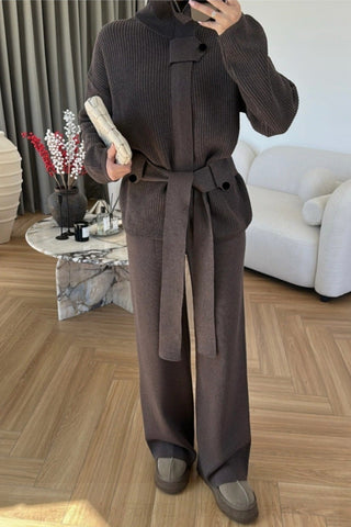 Elegant Ribbed Knit Belted Jacket & Wide Leg Pants Set