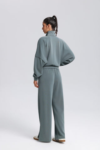 Relaxed Fit Zip-Up Jacket and Wide Leg Pants Set