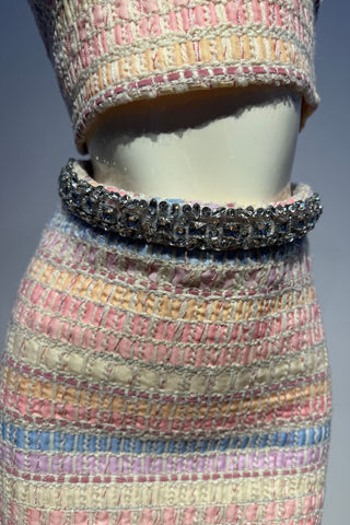 Sleeveless Textured Tweed Top & Mini Skirt Set – Embellished High Neck, Structured Fit, Feminine Statement Look