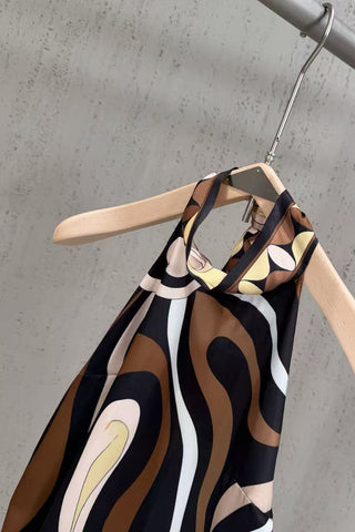 Abstract Swirl Print Satin Halter Top & High-Waisted Mini Skirt Set