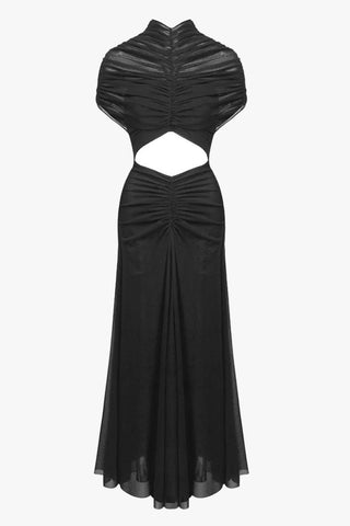 Ruched Mesh Short Sleeve Cut-Out Long Dress