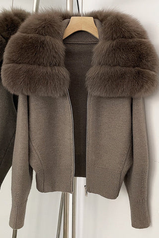 Faux Fur Collar Knitted Zip-Up Jacket