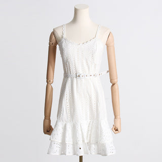 Embroidered Sleeveless Belted Mini Dress