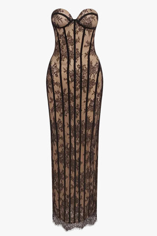 Sheer Lace Corset Strapless Long Dress with Lace-Up Back