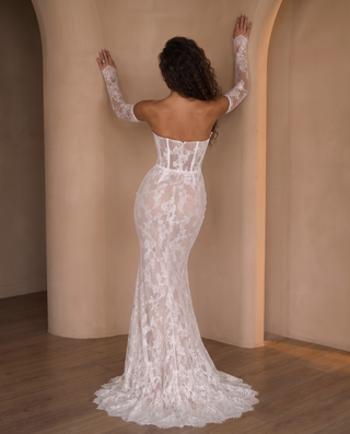 Floral Lace Corset Off-Shoulder Long Dress with Sheer Lace Sleeves