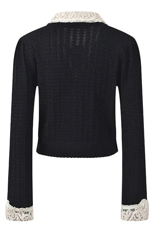 Embroidered Collar Long Sleeve Pointelle Knit Cardigan