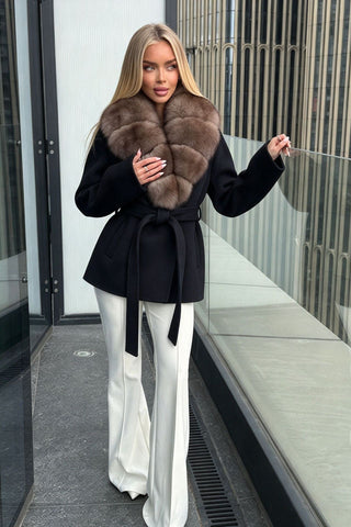 Plush Faux Fur Collar Belted Long-Sleeve Jacket