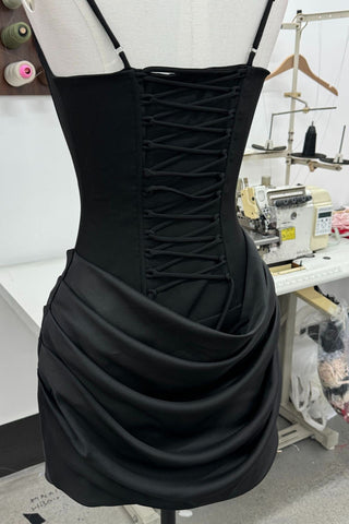 Draped Corset Mini Dress – Square Neck Satin Ruched Bodycon Dress