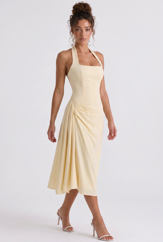 Halter Neck Midi Dress – Draped Waist & Open Back