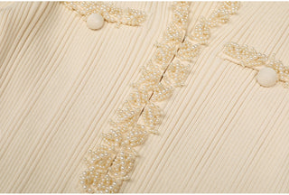 Ribbed Knit Long Dress with Pearl Trim Details & Long Sleeves