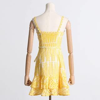 Embroidered Sleeveless Belted Mini Dress