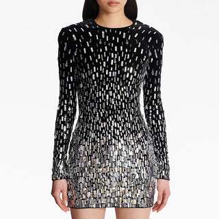 Long Sleeve Beaded Sequin Velvet Mini Dress