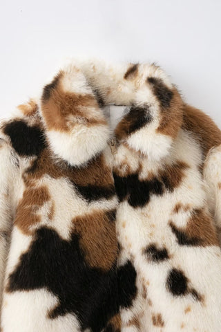 Vintage Pattern Faux Fur Zip-Up Coat