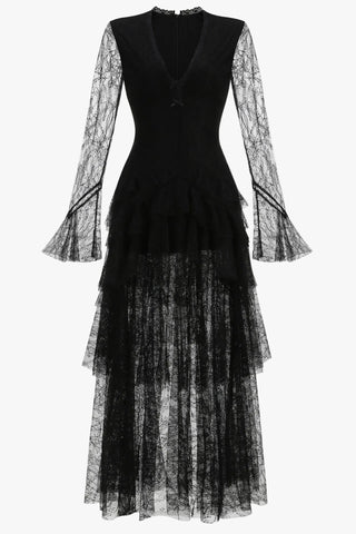 Tiered Lace Ruffle Long Dress with Flared Sleeves