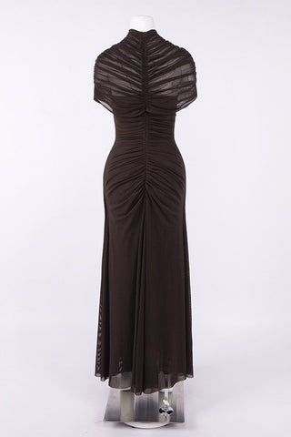 Ruched Mesh Short Sleeve Cut-Out Long Dress