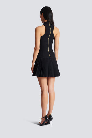 Chic High Neck Sleeveless Mini Dress with Pleated Skirt and Statement Belt Detail