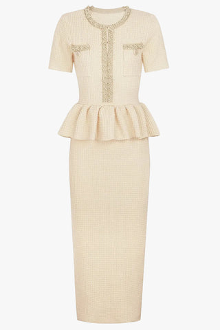 Pearl Embellished Tweed Peplum Midi Dress with Short Sleeves