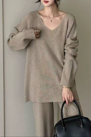 Comfy Relaxed V-Neck Knit Top & Wide-Leg Pants Set