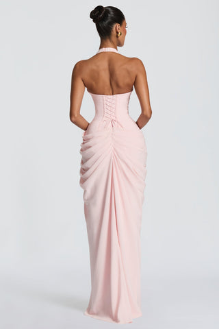 Draped Halter Corset Long Dress with High Slit