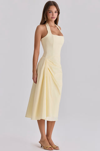 Halter Neck Midi Dress – Draped Waist & Open Back