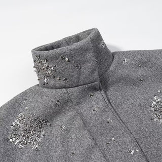 Embellished Wool Short Jacket – Grey High Neck Coat with Crystal Beads & Sequins