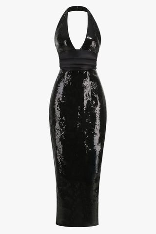 Sequin Halter Neck Long Dress with Open Back and Slit