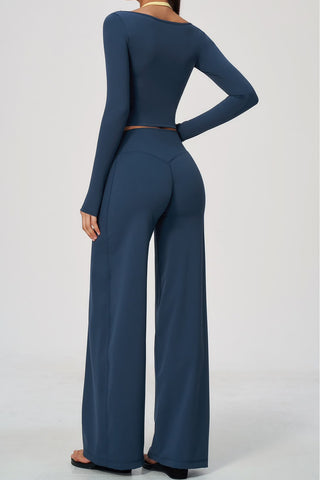Scoop Neck Long Sleeve Top & Wide-Leg Pants Set
