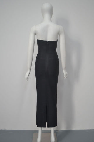 Strapless Bandage Midi Dress with Sculpted Sweetheart Neckline and Bodycon Fit