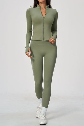 Zip-Up Active Jacket, Bandeau Top & High-Waist Leggings Set