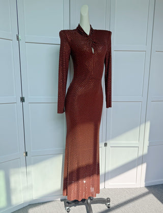 Sparkling Draped High-Neck Structured Shoulder Long Dress