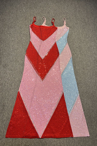 Rhinestone Embellished Colorblock Long Dress with Thin Straps