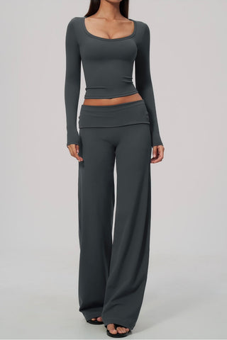 Scoop Neck Long Sleeve Top & Foldover Wide-Leg Pants Set