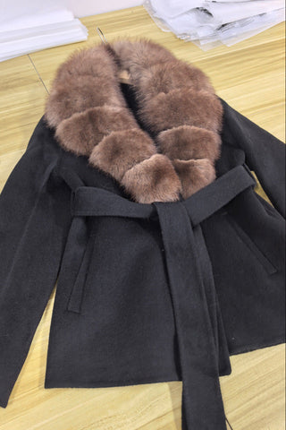 Plush Faux Fur Collar Belted Long-Sleeve Jacket