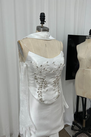 Embellished Satin Corset Mini Dress with Lace Gloves & Scarf