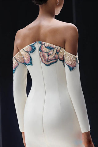 Off-Shoulder Long Sleeve Crepe Long Dress with Hand-Beaded Floral Embellishment