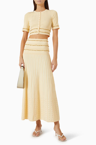 Gold Beaded Short Sleeve Cardigan & Pleated Long Skirt Set