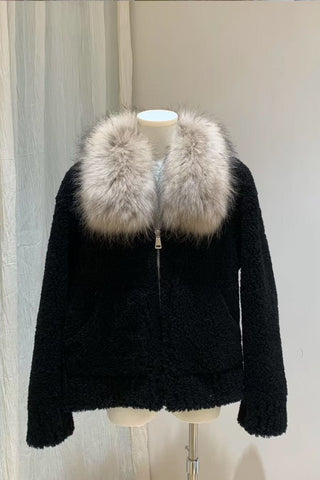 Shearling Jacket with Plush Fur Collar and Zip Front