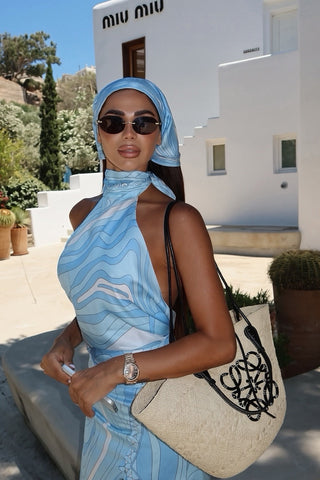 Printed Halter Crop Top & Asymmetric Long Skirt Set with Matching Scarf