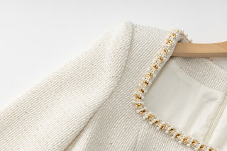 Pearl Trim Tweed Long Sleeve Square Neck Dress