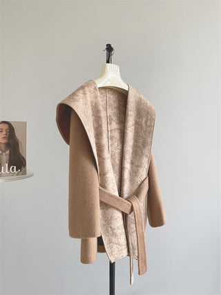 Wool-Feel Belted Long Sleeve Short Coat with Printed Shawl Collar