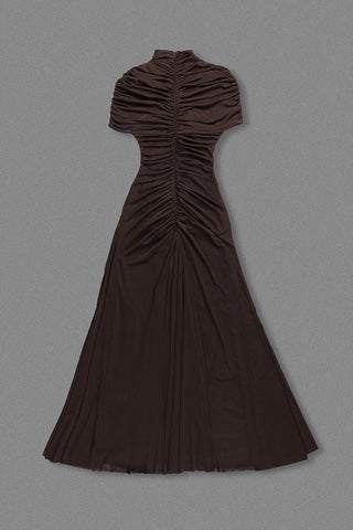 Ruched Mesh Short Sleeve Cut-Out Long Dress