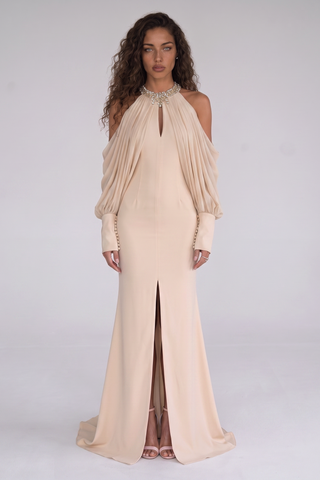 Crystal Embellished Halter Neck Draped Cold Shoulder Mermaid Long Dress